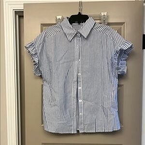 SHEIN Blue and White Striped Ruffle Sleeve Blouse